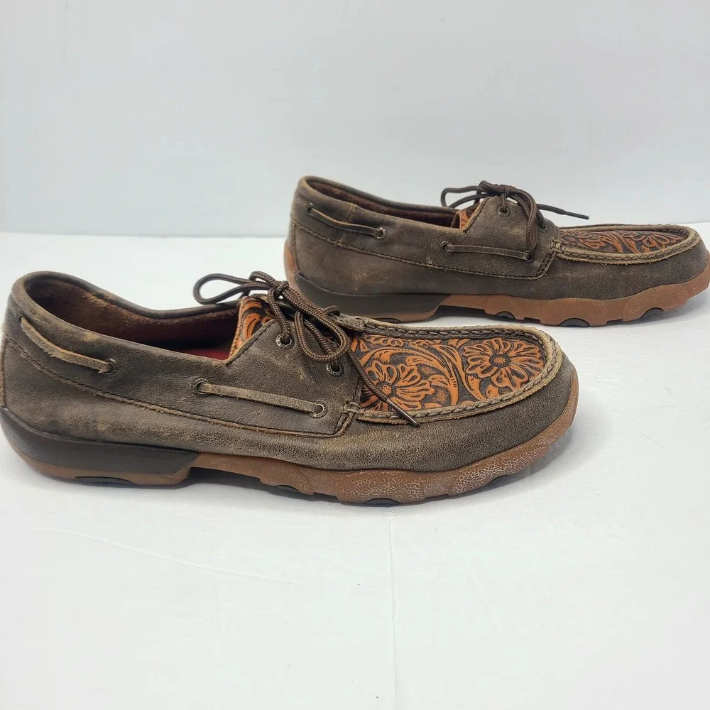 Twisted X Mens Brown Leather Floral Embossed Driving Mocs Boat Shoes 11.5 M